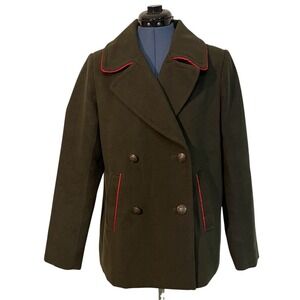 Express Army Green Red Piping Double Breasted Peacoat Military Preppy Academia M